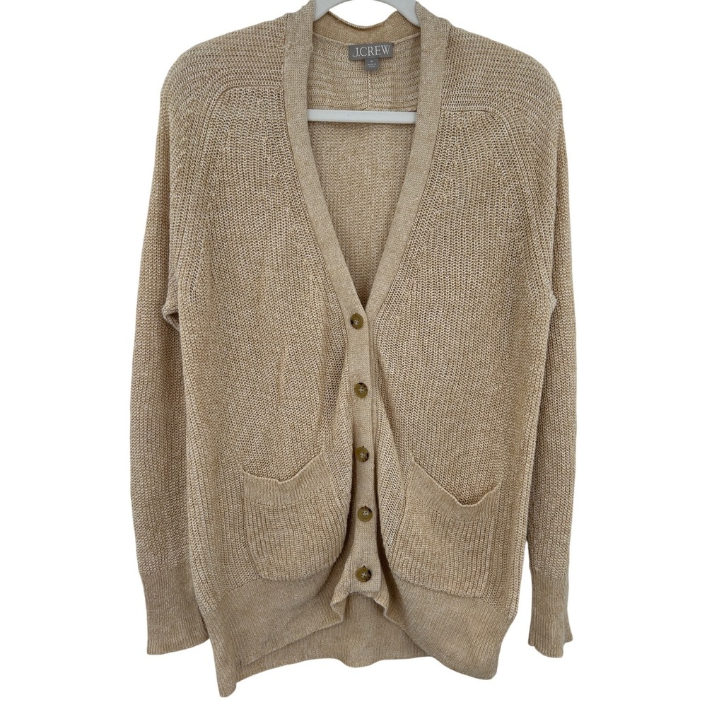 J.Crew Womens Tan Linen Cotton Knit V-Neck Button Cardigan Sweater Size M